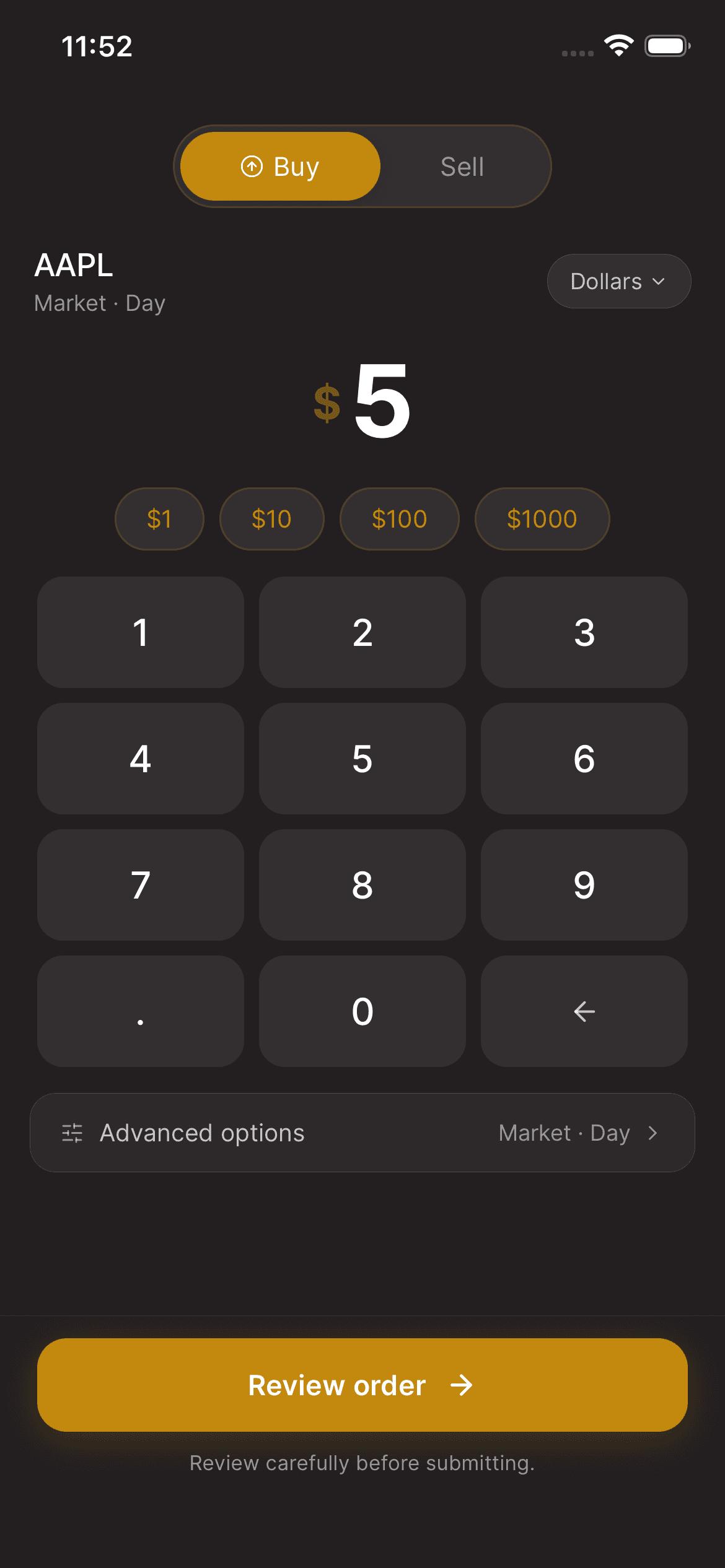 Asal Invest app: Buy order amount and unit