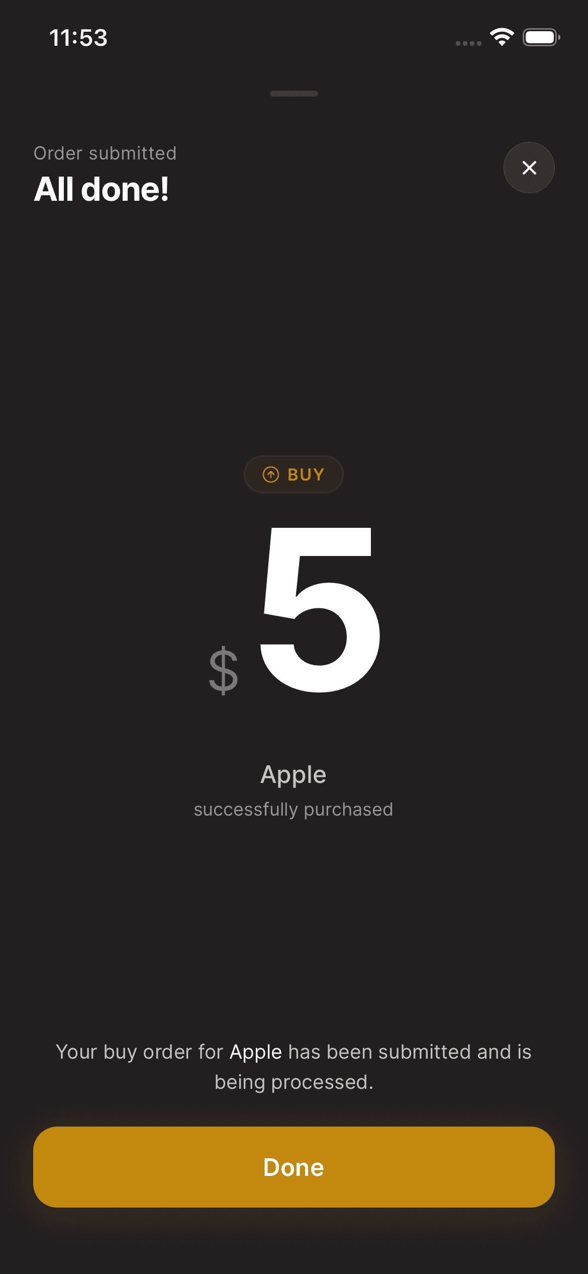 Asal Invest app: Buy order result and status