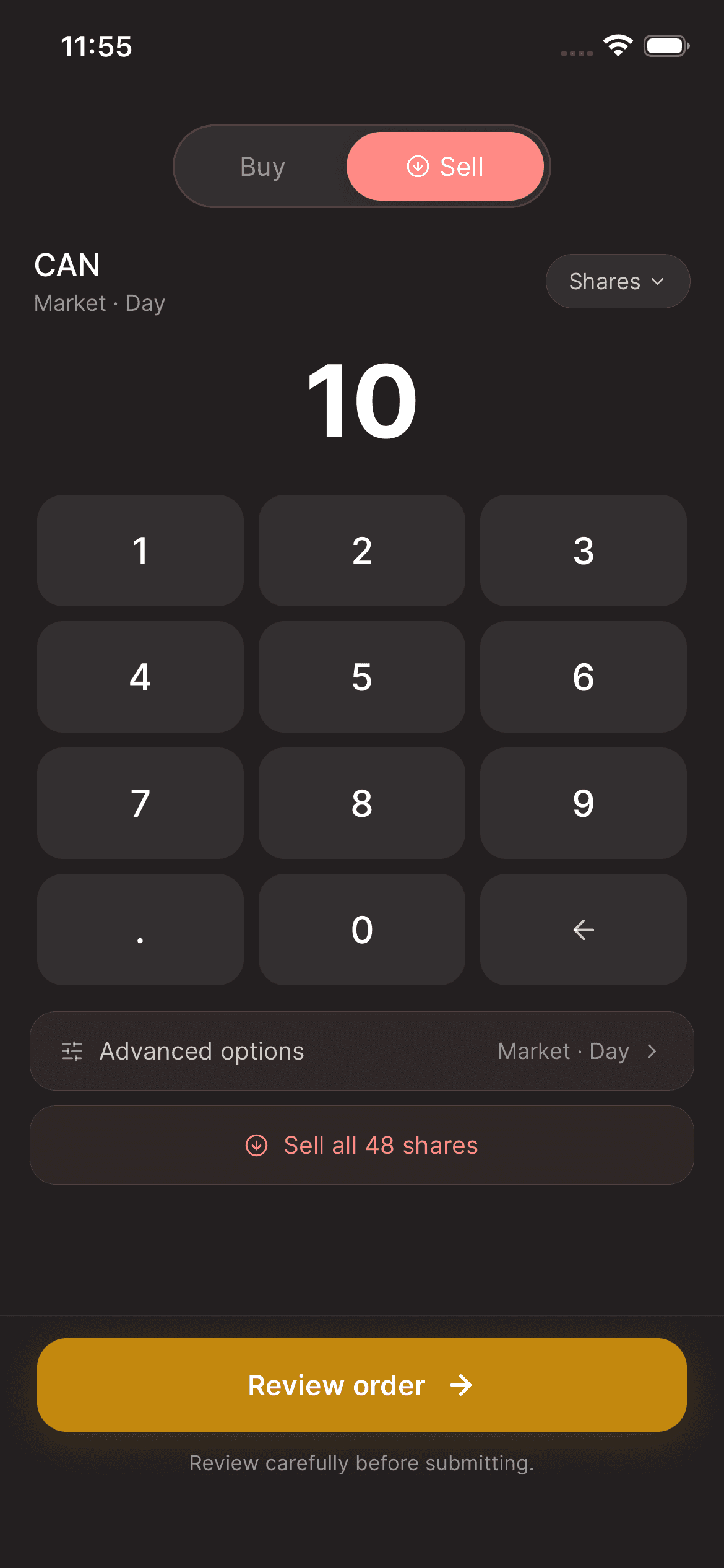 Asal Invest app: Sell amount and Sell all option