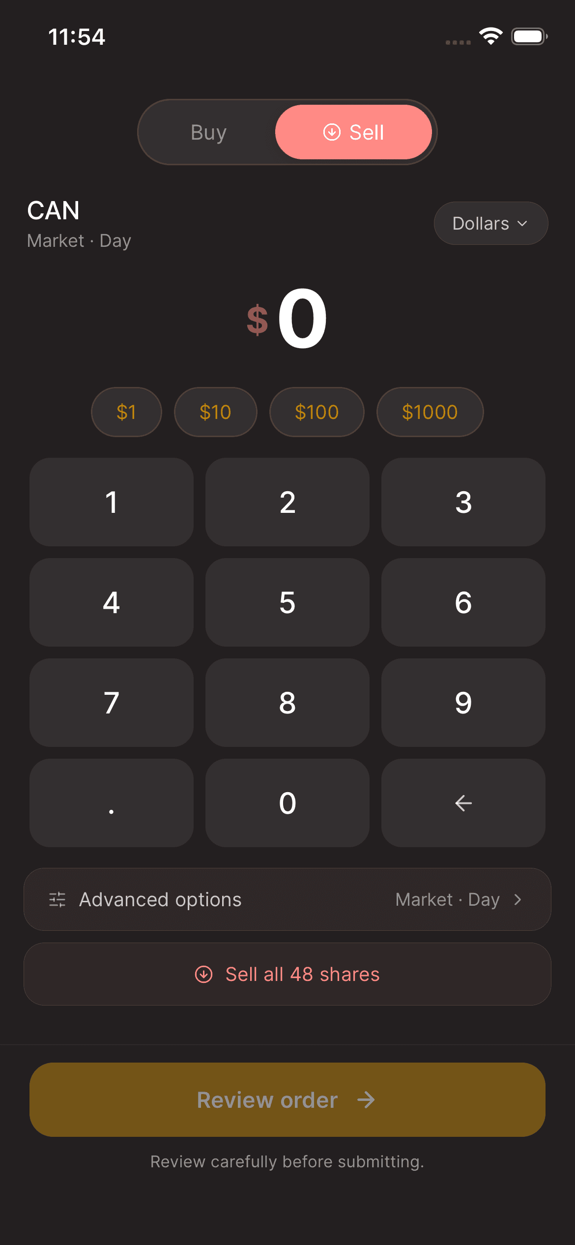 Asal Invest app: Holding with Sell selected