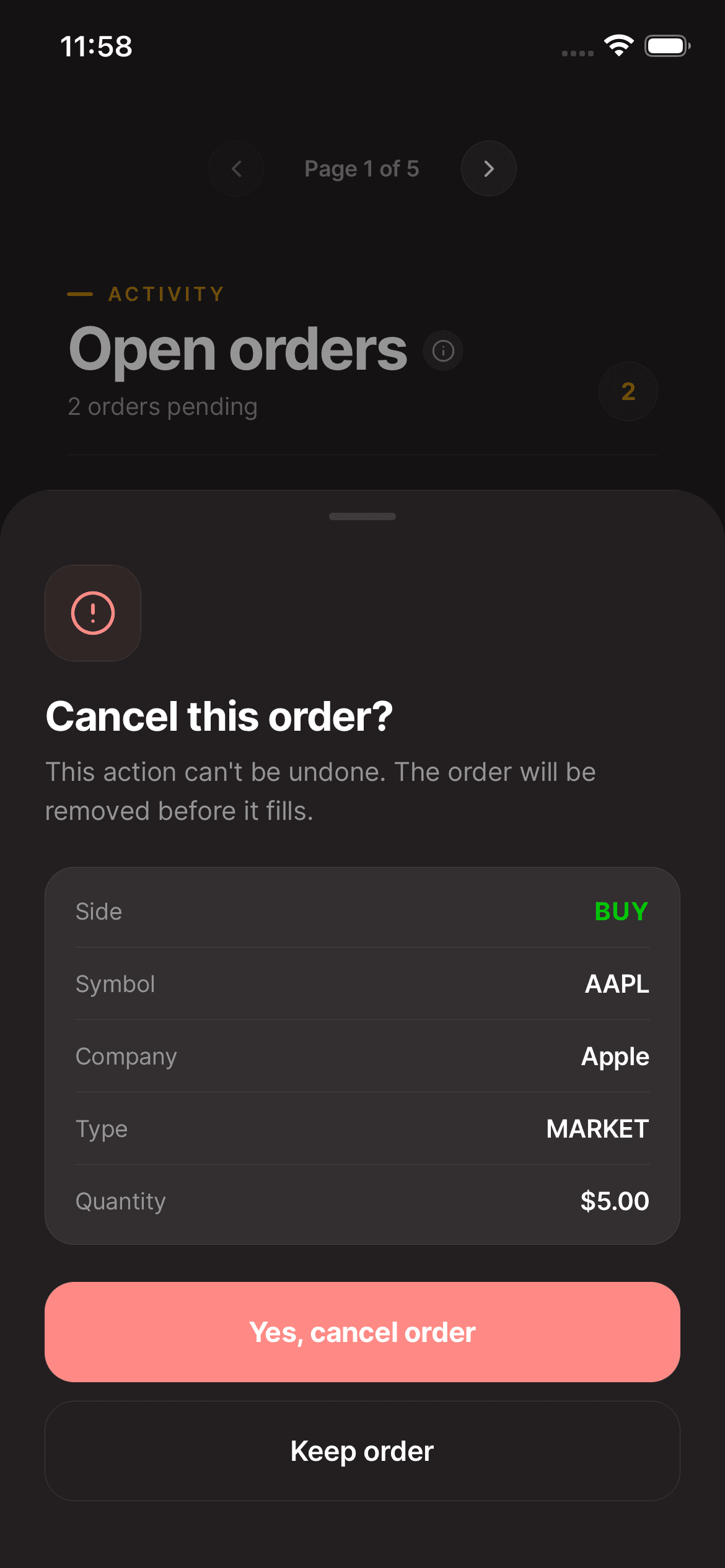 Asal Invest app: Cancel order confirmation
