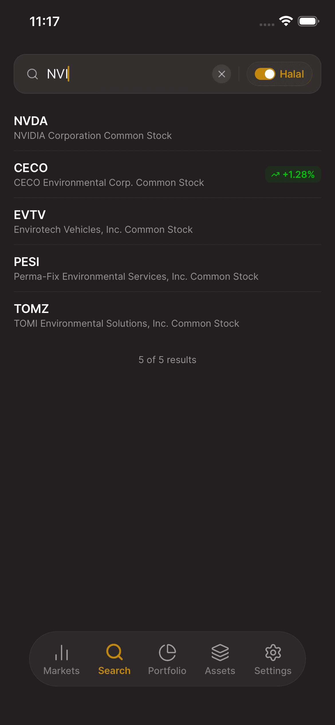 Asal Invest app: Search results with names and symbols