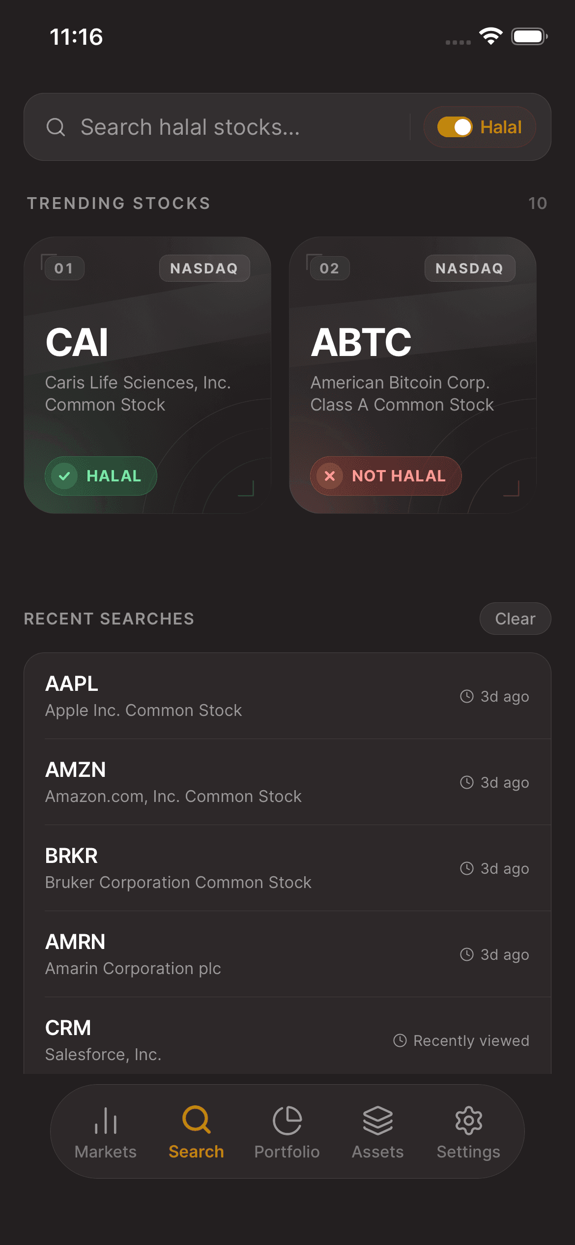 Asal Invest app: Stock search field