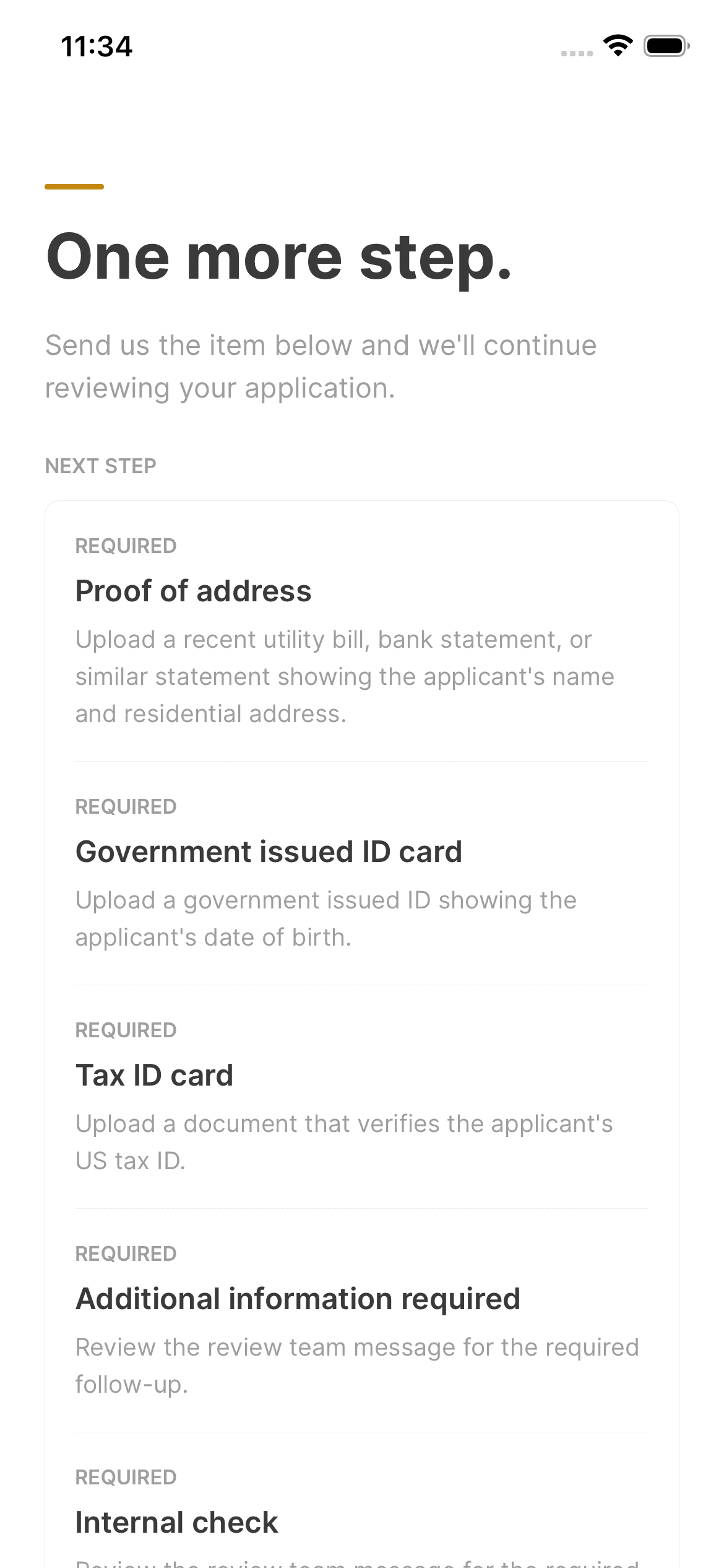 Asal Invest app: Requested-document list