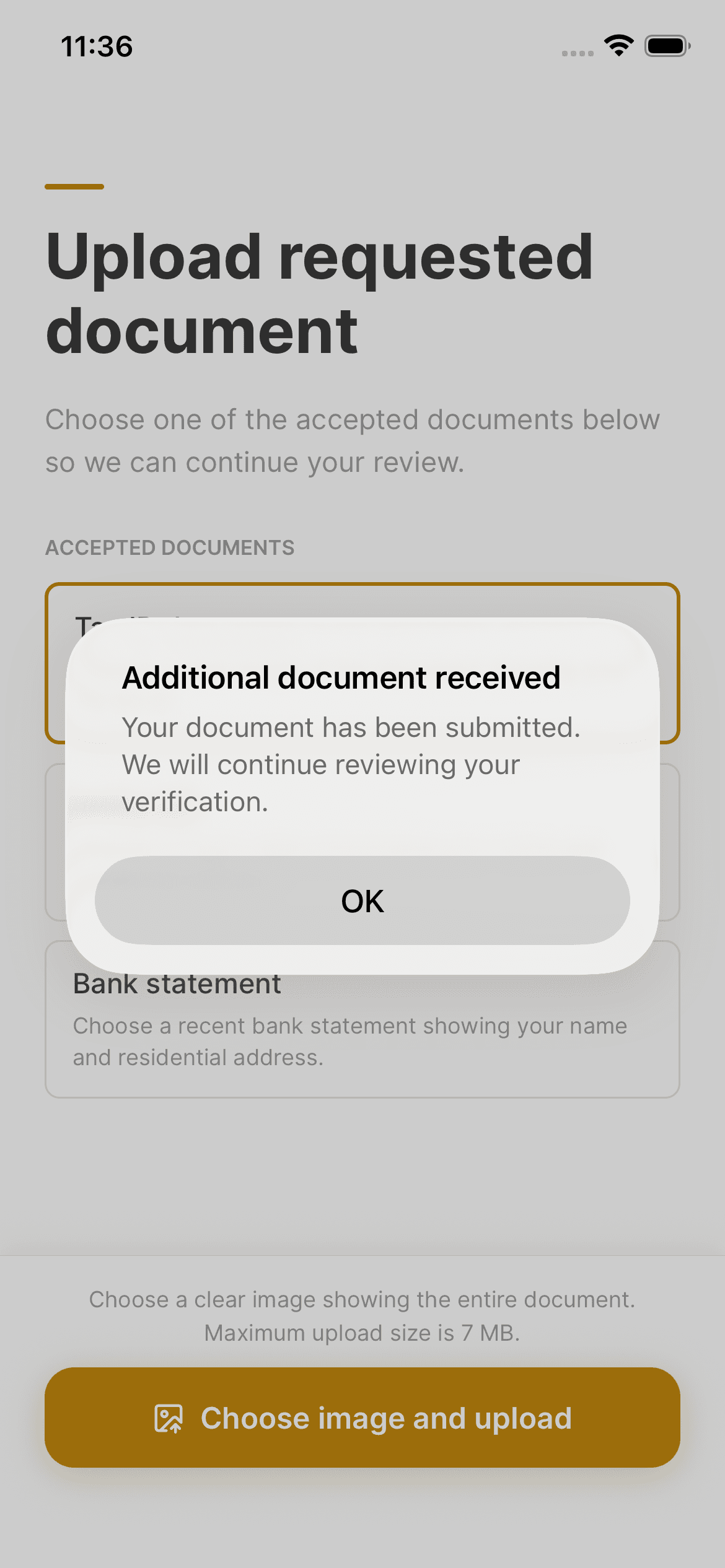 Asal Invest app: Document upload confirmation