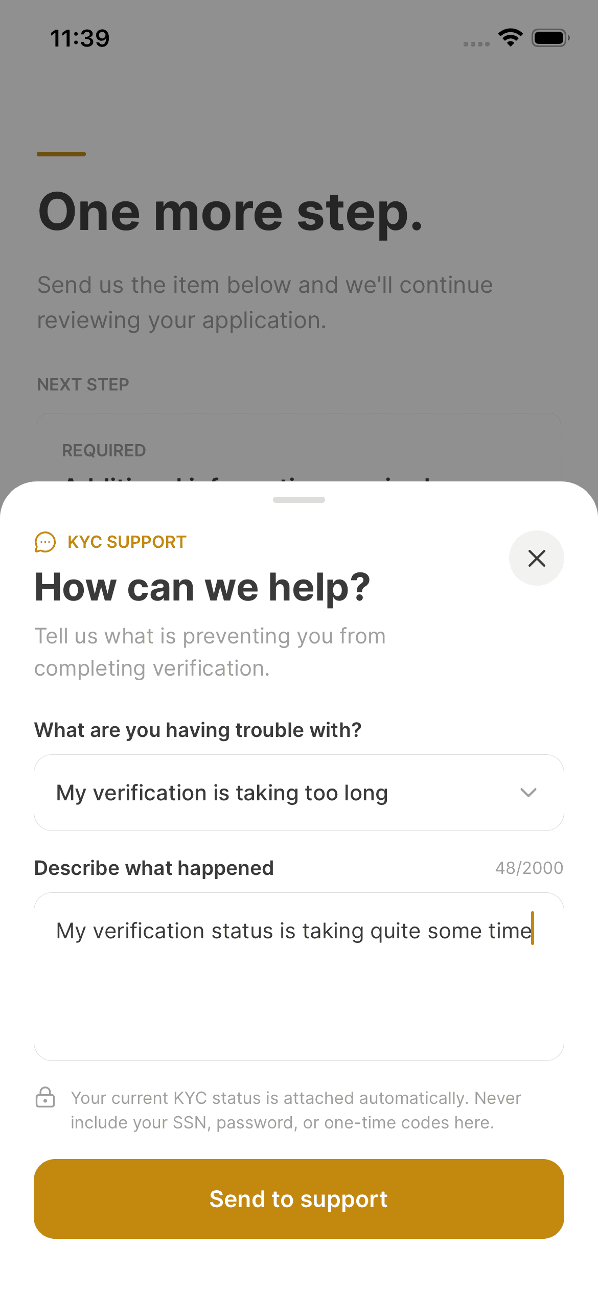 Asal Invest app: Verification support option